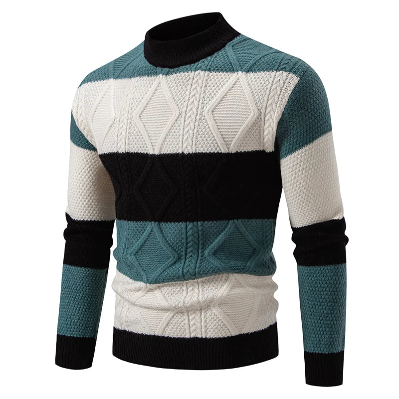 Mode patchwork gebreide trui heren herfst winter mock nek lange mouw gebreide pullovers heren jeugdige vitaliteit casual trui