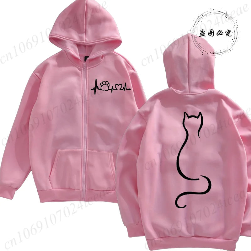 Women Zipper Hoodie Clothes Autumn Winter New Cute Cat Heatbeat Sweatshirt Hip Hop Streetwear Women Zip Up Jacket Coat Clothing