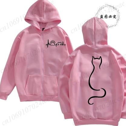 Women Zipper Hoodie Clothes Autumn Winter New Cute Cat Heatbeat Sweatshirt Hip Hop Streetwear Women Zip Up Jacket Coat Clothing