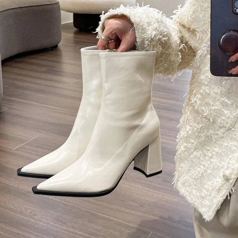 Pointed Toe Women Ankle Boots Fashion Elegant Soft Leather Shoes Thick Heel Women's Modern Short Booties