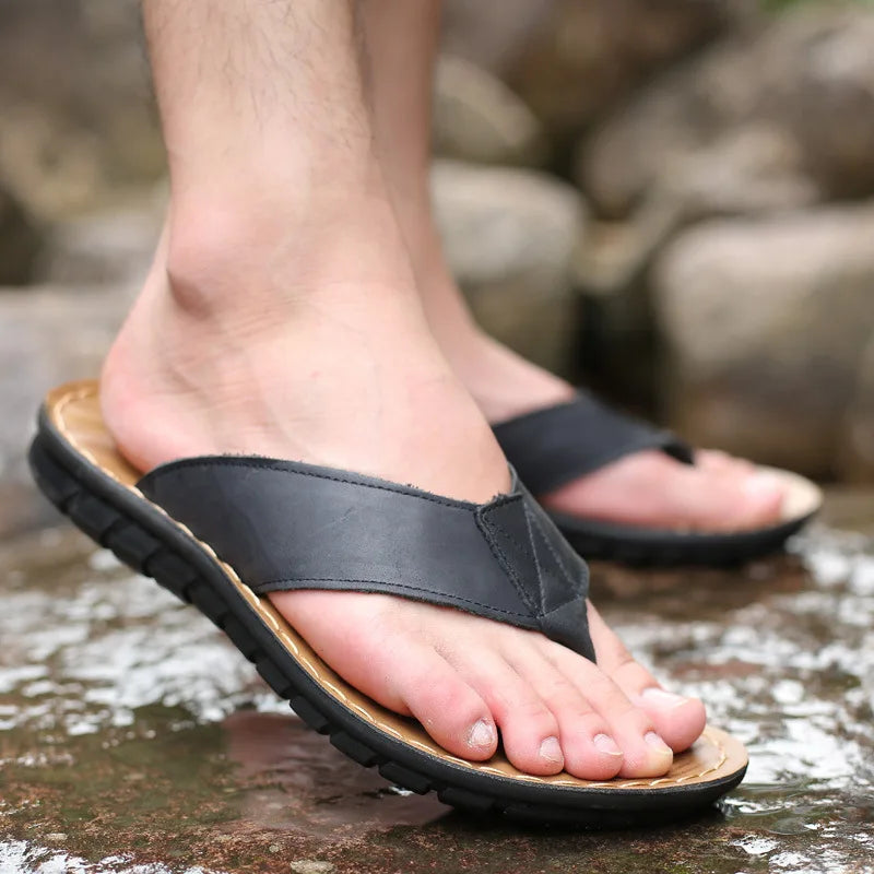 Summer Shoes Men Slippers Genuine Leather Mens Flip Flops Flat Mens Sandals Holiday Non-slip Black Khaki A673