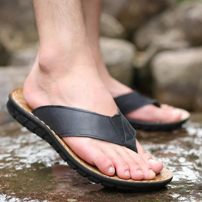 Summer Shoes Men Slippers Genuine Leather Mens Flip Flops Flat Mens Sandals Holiday Non-slip Black Khaki A673