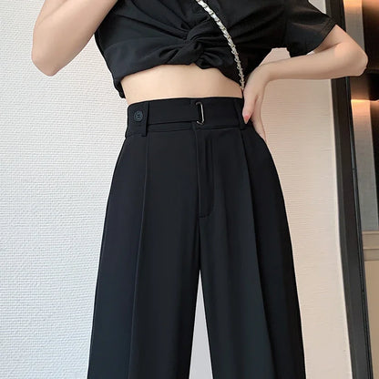 Seoulish Summer Women's Casual Pants Wide Leg Pants Elegant Office Lady 2024 New Solid Color High Waist Loose Bukser Kvinne