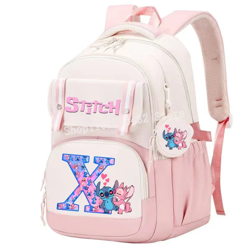 Stitch Angel Backpack Girls Disney Anime Letter A-Z Schoolbags Student School Shoulders Bag Outdoor Sport Travel Rucksack Gift
