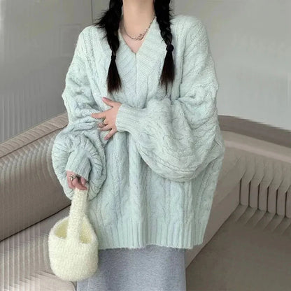 Haust vetrar konur peysa harajuku stór prjónað pullovers kóreska langerma v háls prjóna preppy solid laus stökkvari