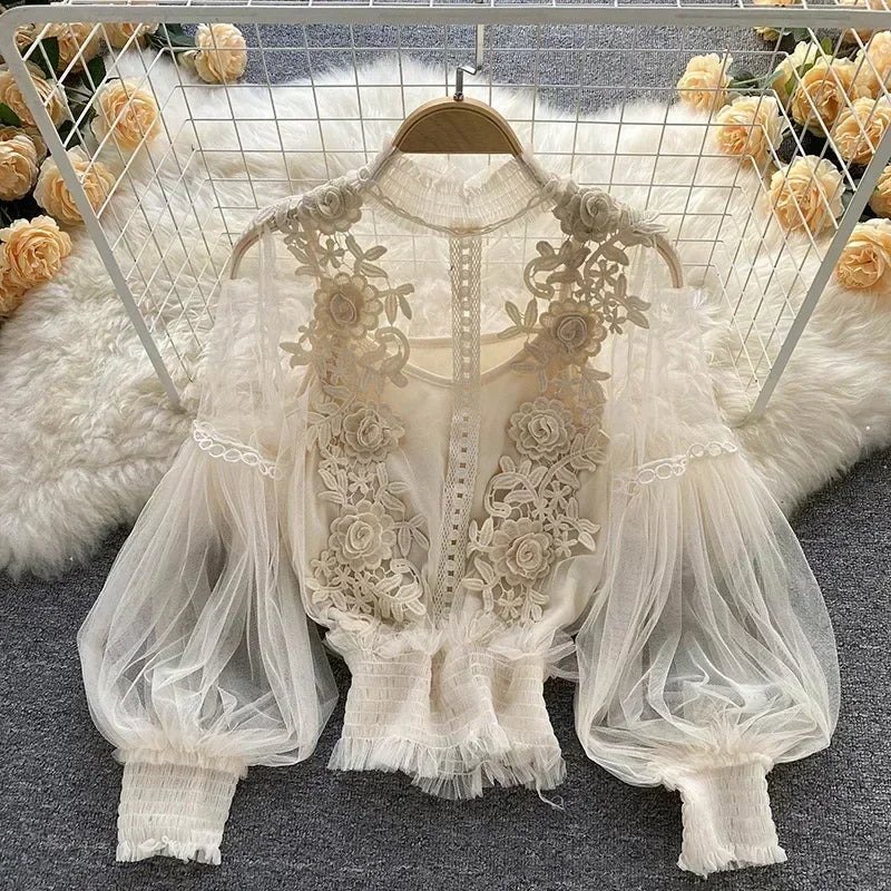 Čipka puff dugi rukavi bluza vintage modne bluze elegantne femme blusas korejske žene vrhovi žene majice odjeća Dropshipping