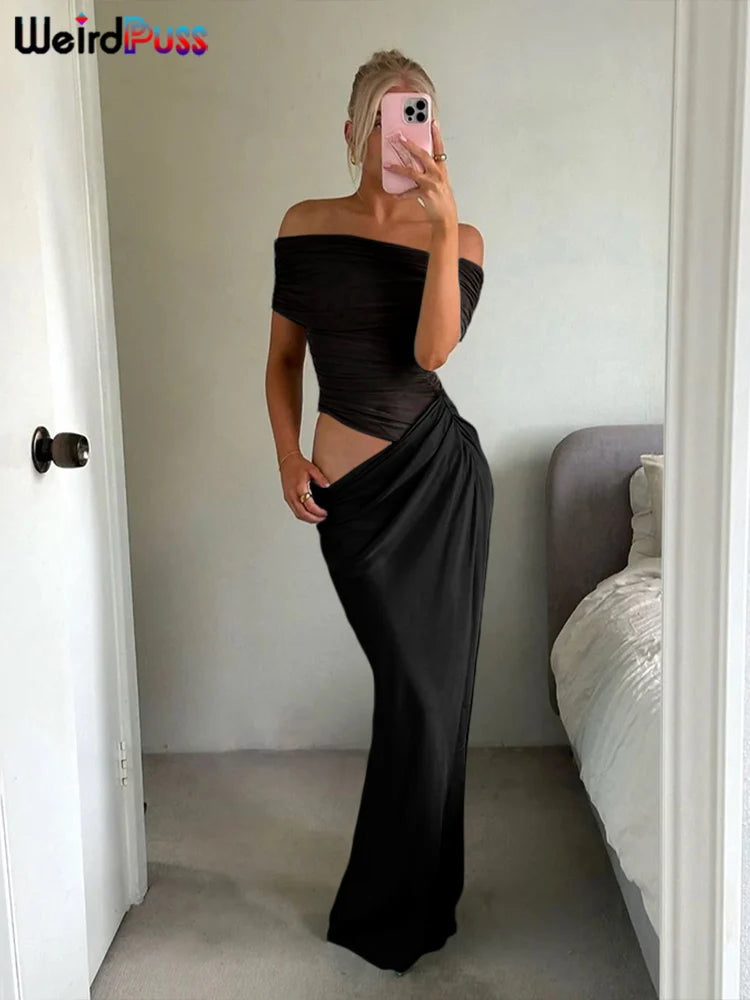 Seltsame kuschelgerüste unregelmäßige Kleid Frauen Mesh Patchwork Slash Neck Kurzarm Dünne Stretchtrend elegante lange Bodycon -Outfits