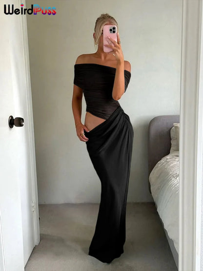 Seltsame kuschelgerüste unregelmäßige Kleid Frauen Mesh Patchwork Slash Neck Kurzarm Dünne Stretchtrend elegante lange Bodycon -Outfits