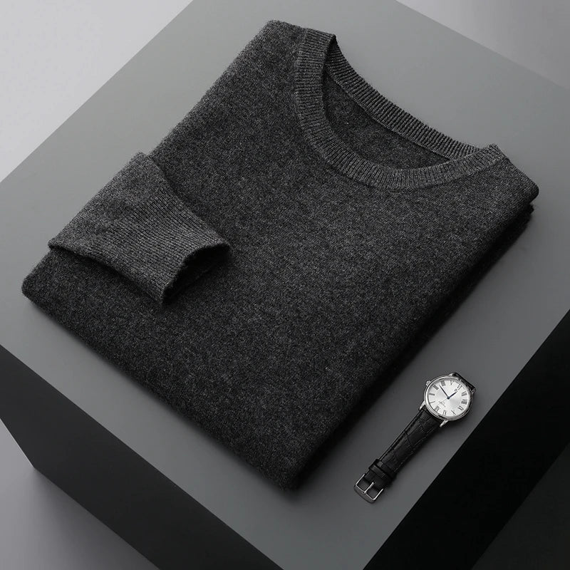 Mvlyflrt 100% puro suéter de lana merino para hombres tops de columna de cuello redondo otoño suéter de color sólido delgado versátil básico
