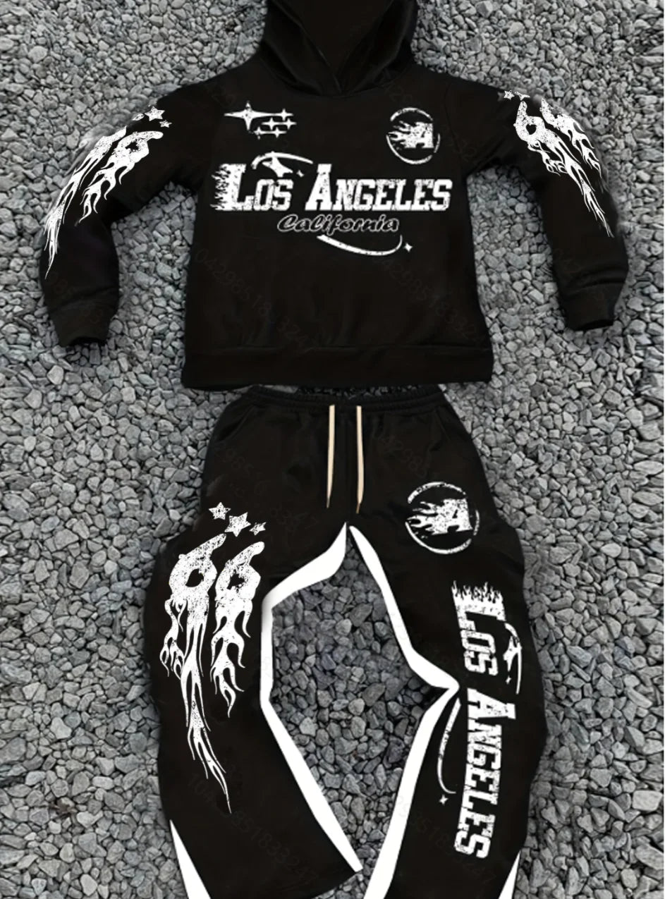 Men's Street - Style Casual and Stylish Hooded Set med svart- och - vit färgblockering och Los Angeles Alfabettryck