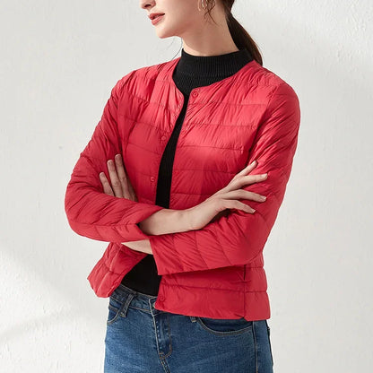 2024 Fall Spring Autume Collarless Light Quilted Puffer Coat New Women Liner Duck Down Jacket O-neck Variable V-neck Female