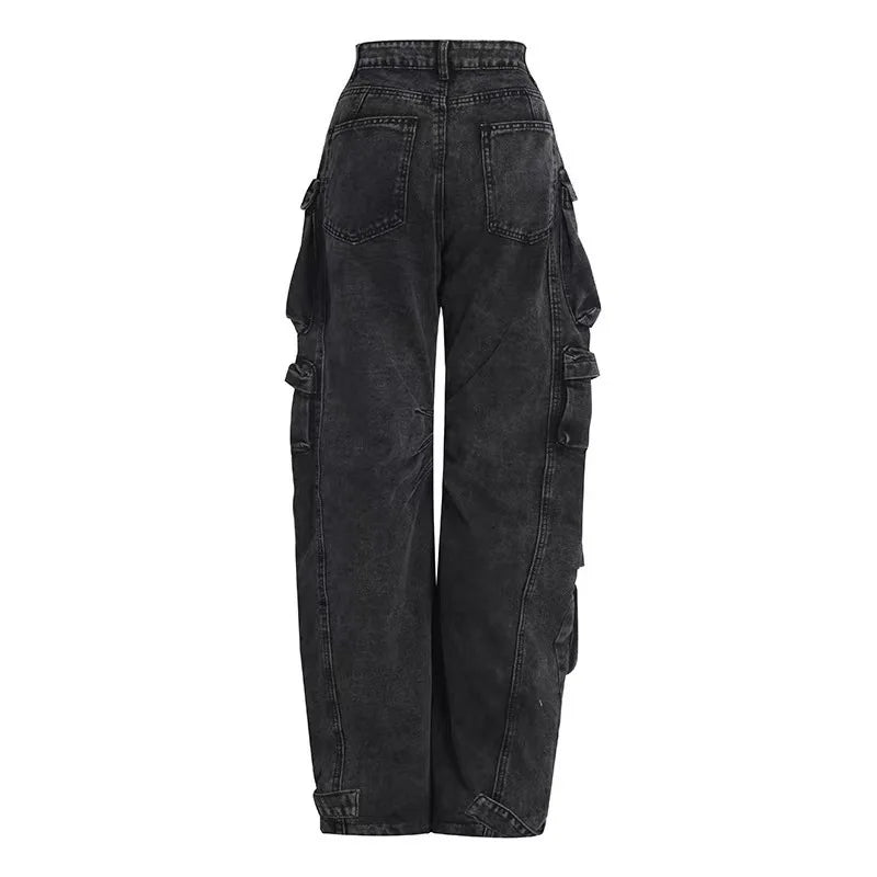 Trendowa dżinsowa odzież robocza | Street Style Black & Grey Multi-Pieszeńskie dżinsy | American Casual High Pary Funkcjonalny projekt