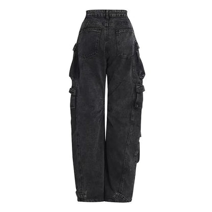 Trendowa dżinsowa odzież robocza | Street Style Black & Grey Multi-Pieszeńskie dżinsy | American Casual High Pary Funkcjonalny projekt