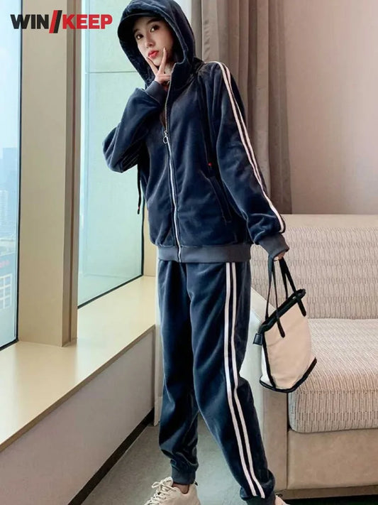 Winter Women Thick Warm Fleece Liner Sport Tracksuit Side Striped Hooded Jacket Outdoor Running Set Velvet Jogging Training Sets