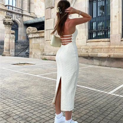Накъде са елегантни рокли без ръкави Y2K Summer Backless Slim с ниско изрязване на женска рокля Модна солидна плетена улично облекло клуб Robe