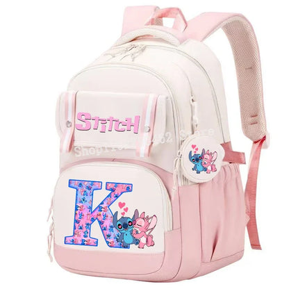 Stitch Angel Backpack Girls Disney Anime Letter A-Z Schoolbags Student School Shoulders Bag Outdoor Sport Travel Rucksack Gift