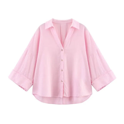 HipSeam Wide Sleeved Shirt Women Spring Asymmetric Hem Button Women's Shirts Simple Lady Johnny Collar Linen Shirts & Blouses