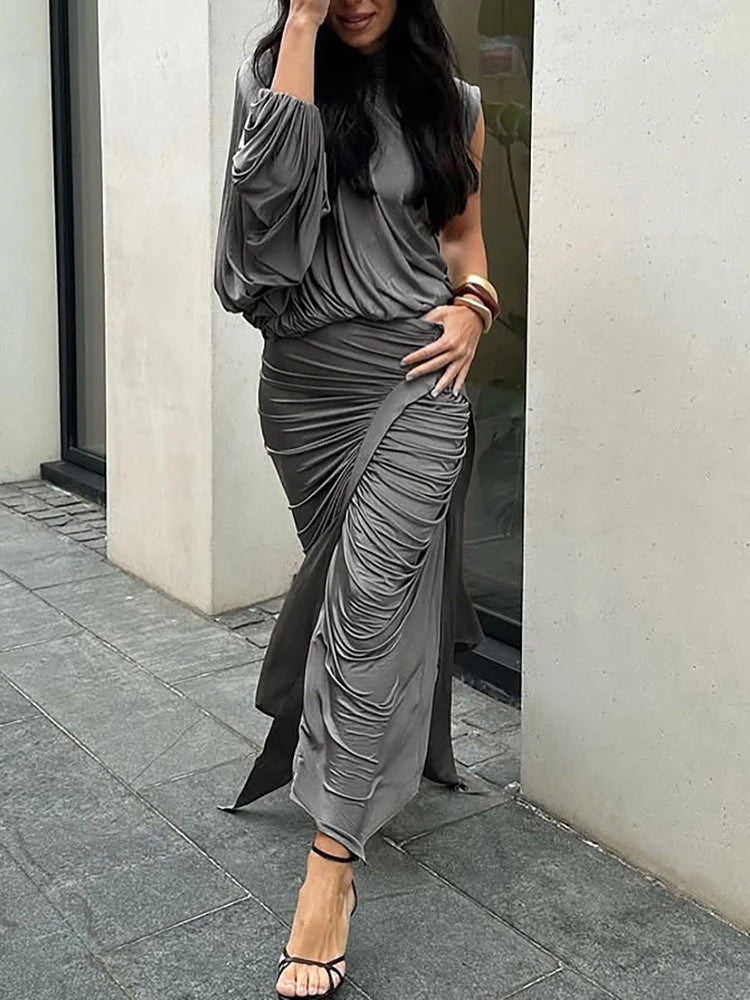 Nibber Sommer Y2K Solid Style 2Piece Set Women Turtleneck Single Schulterhülle Tops+gerissene lange Röcke Mode elegante Outfits