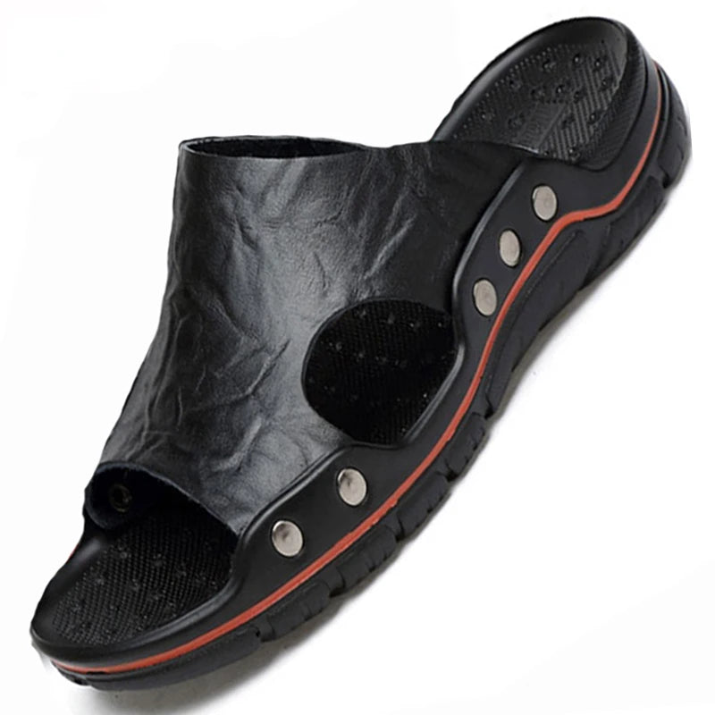 Zomer mannen slippers echt lederen ademende klompen sandalen strand klassiekers lederen glijbanen buiten slippers plus size heren schoen