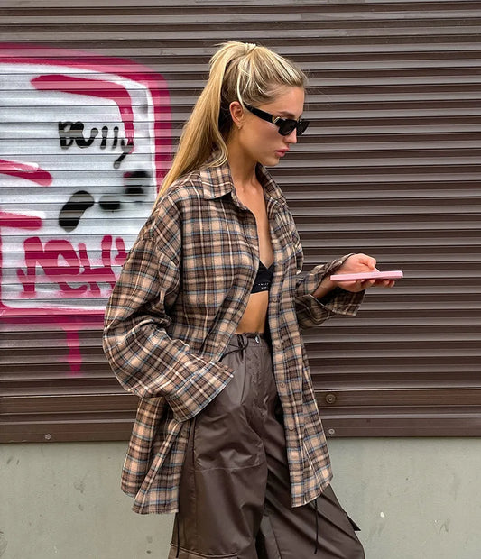 Spring Autumn Vintage Plaid Checkered Shirt Women's Long Sleeve Blouse Loose Single Breasted Casual Shirt