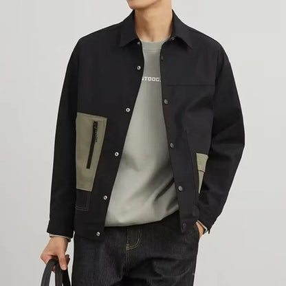 Ráncellenes finomszőtt twill férfi gallér dzseki tavaszi őszi trend enyhén laza patchwork munkaruhák alkalmi kabát