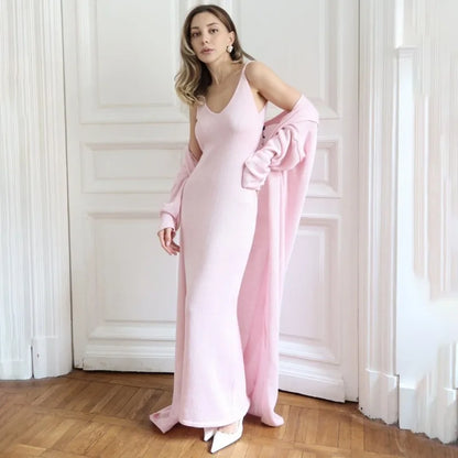 Tuularose žene dugačka haljina 2 komada solidna pletena špageta haljina s dugim rukavima kardigan set casual modne ženke set set