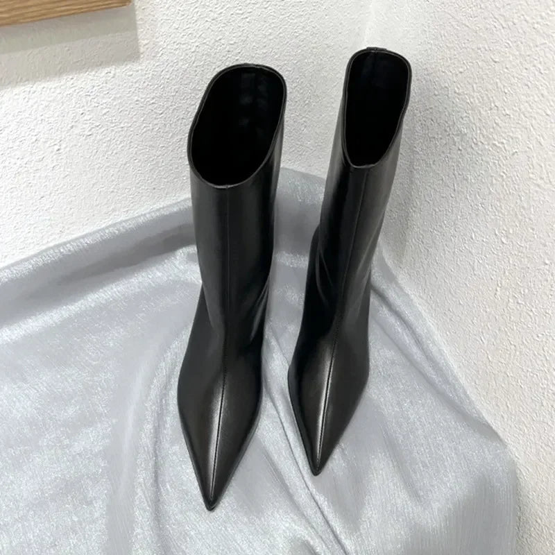 SEXY Black Pointed Toe Cat Heel Mid Calf Boots for Women Soft Leather PU Design Low Heel Wide Mouth French Style Ankle Boots