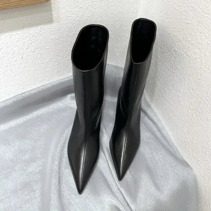 SEXY Black Pointed Toe Cat Heel Mid Calf Boots for Women Soft Leather PU Design Low Heel Wide Mouth French Style Ankle Boots