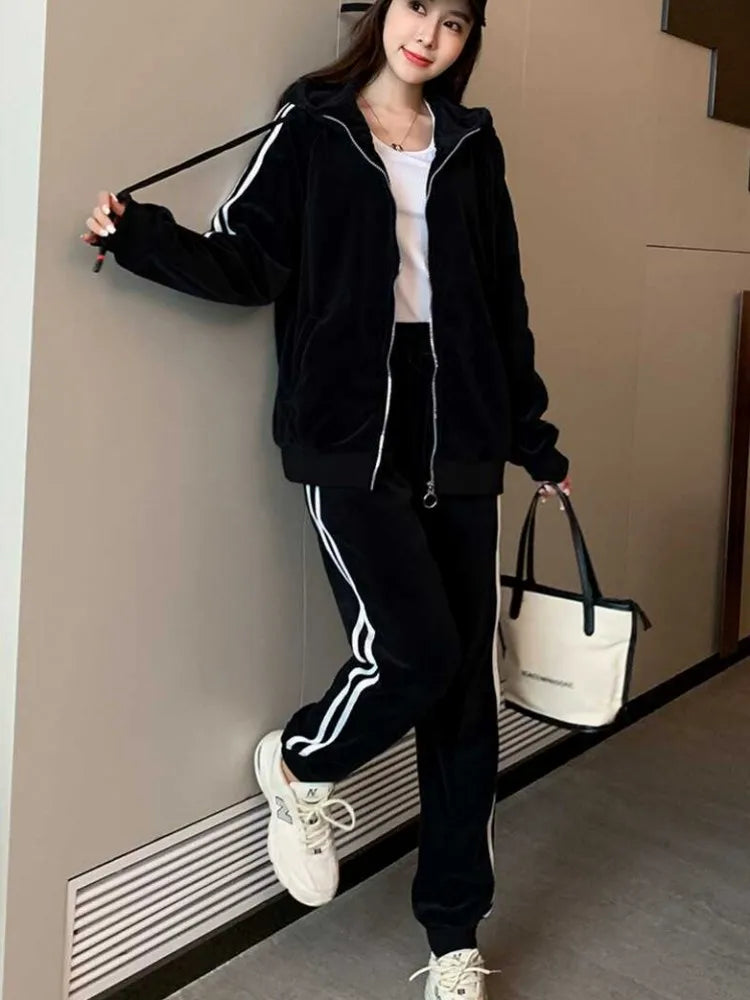 Winter Women Thick Warm Fleece Liner Sport Tracksuit Side Striped Hooded Jacket Outdoor Running Set Velvet Jogging Training Sets