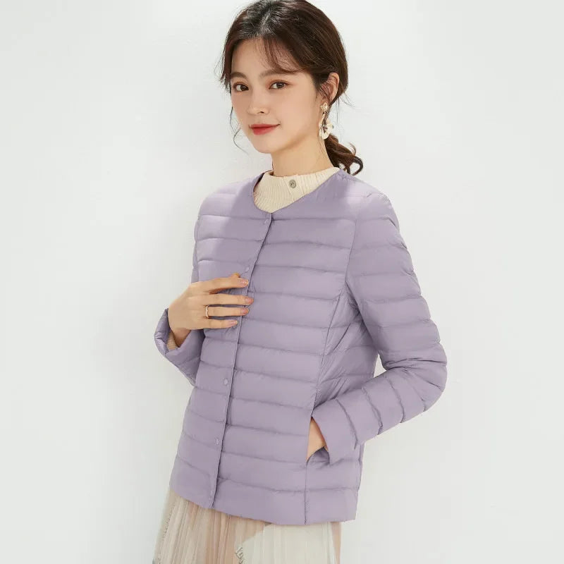 2024 Fall Spring Autume Collarless Light Quilted Puffer Coat New Women Liner Duck Down Jacket O-neck Variable V-neck Female