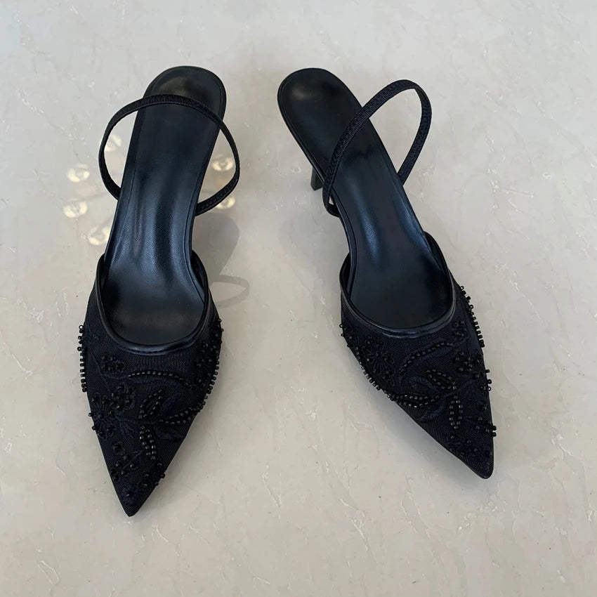 Mesh Embroidered Women Sandals String Bead Thin High Heels Mules Shoes Pointed Toe Slingback Slippers Women Zapatos De Mujer