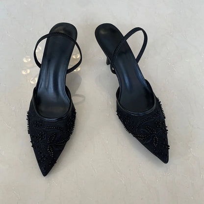 Mesh Embroidered Women Sandals String Bead Thin High Heels Mules Shoes Pointed Toe Slingback Slippers Women Zapatos De Mujer