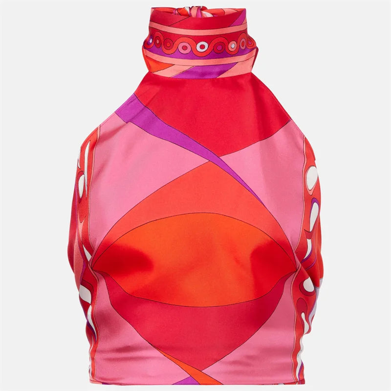Skriv ut oregelbundna kvinnors korta kjoldräkter halter spetsar upp backless ärmlös tank topp hög midja set sommar lady strand kläder