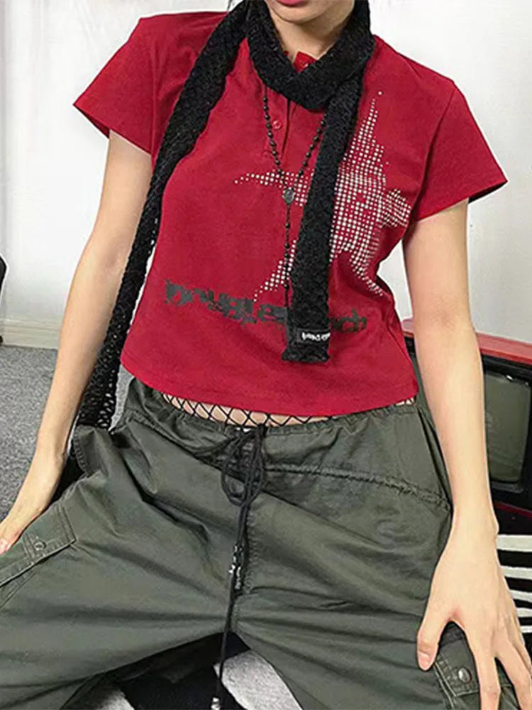 Harajuku Crop Top Japanese Style Star Pattern Round Neck Short Sleeve T Shirts Graphic Tee y2k Women Clothes Streetwear