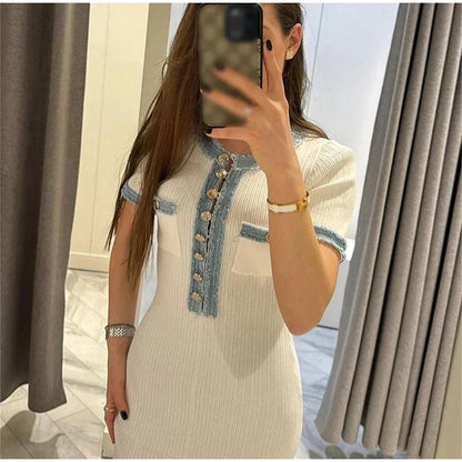 Elegant kontrasterende kvinder strik maxi kjole chic o-hals kortærmet metal knapper bodycon kjoler kontor dame pendler kjortel