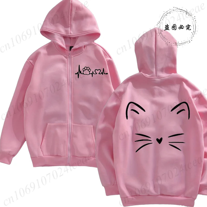Women Zipper Hoodie Clothes Autumn Winter New Cute Cat Heatbeat Sweatshirt Hip Hop Streetwear Women Zip Up Jacket Coat Clothing
