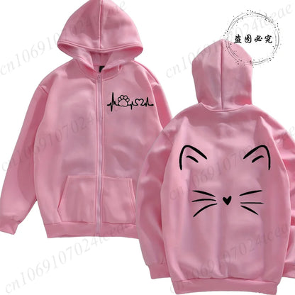 Women Zipper Hoodie Clothes Autumn Winter New Cute Cat Heatbeat Sweatshirt Hip Hop Streetwear Women Zip Up Jacket Coat Clothing