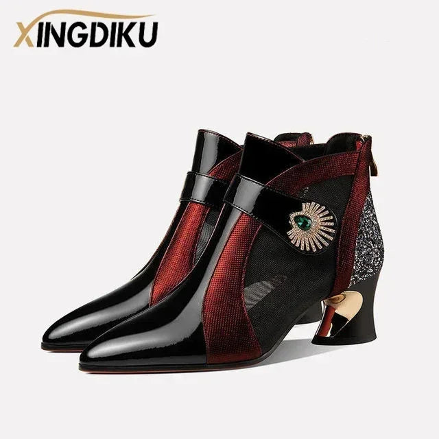2022 Summer Mesh andningsbara sandaler med strass dekorationformade klackar retro brittisk stil sandaler läder stövlar kvinnor