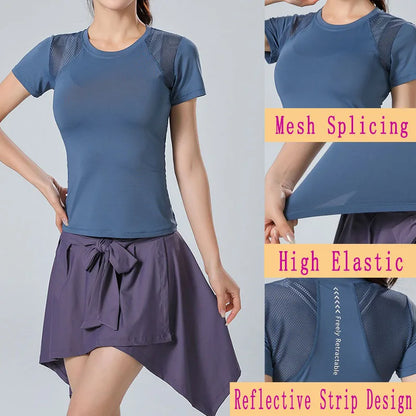 Pofybofy Mesh Stitching Reflectiv Strip Back Dry Dry Elastic Elastic Respirabil de bază cu mânecă scurtă cu mânecă Yoga Tricou Femei Gimnastică Fitness Top