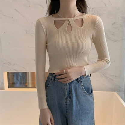 2024 Ny efterår og vinter Women's Slim Stræk sexet pullover Hollow Solid Color Sweater Slim Bottoming Shirt Sweater Ladies