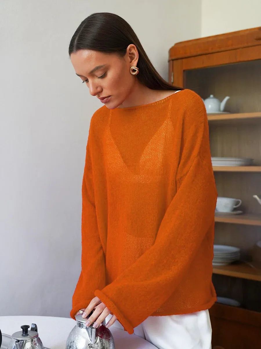 Talenza Hollow Knitted Sweater Pullover Women's Solid See-through O-Neck Long Sleeve Knitted T-Shirt Loose Casual Pullover 2025