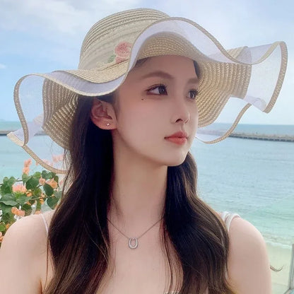 Women Elegant Wide Brim Straw Hat Summer Beach UV Protection Plus Adjustable Sun Hat With Lace Bow Foldable Outdoor Vacation