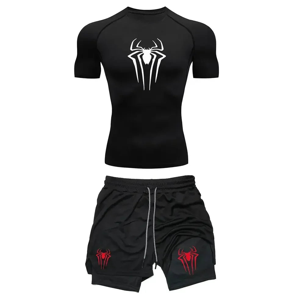 Herrträningskomprimering set y2k spindel tryckt gym tshirts andningsbara löpning shorts snabb torr sport utslag skydd sportkläder set