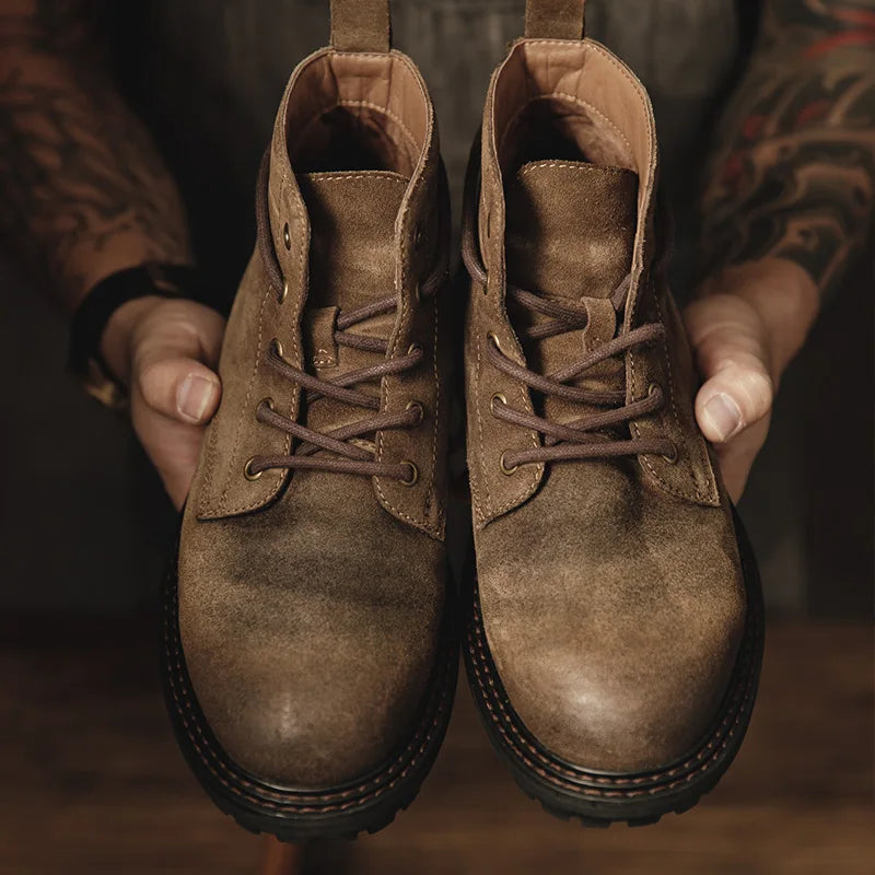 Maden Men's Vintage Split Suede Boots Brown High-Top Work Boots Lace-Up Desert Ankle Rugged Sole Boots Outdoor Winter Fall Shoes