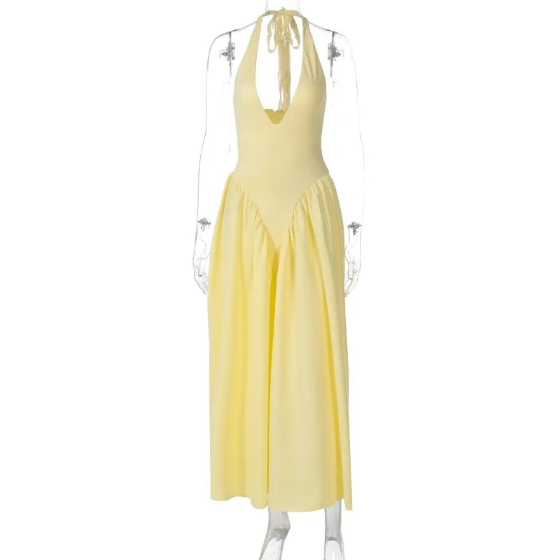 Talenza Backless Deep V Spliced Long Dress Summer Women's Sexy Party Kjole Halter Ny mode Slim hvid ærmeløs lang kjole
