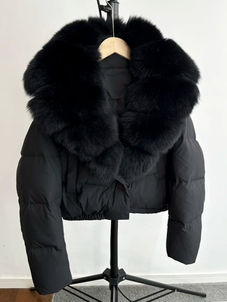 Janveny Big Natural Fox Fur Coat Women 2025 Autumn Winter Female Parkas 90% White Duck Down Jacket Feather Short Puffer Coat