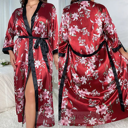 Plus -koko 5xl Nainen pitkä viitta yöpukuinen seksikäs leopardi kimono kylpytakki puku lounge pukeutuvat kevään kesäsatiini -yöasuihin