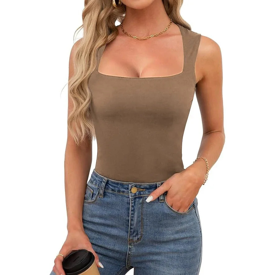 Kynþokkafull slimming t-shirts fyrir konur tísku ferningur háls ermalaus toppar harajuku skriðdreka kona föt frjálslegur toppur teigur götufatnaður