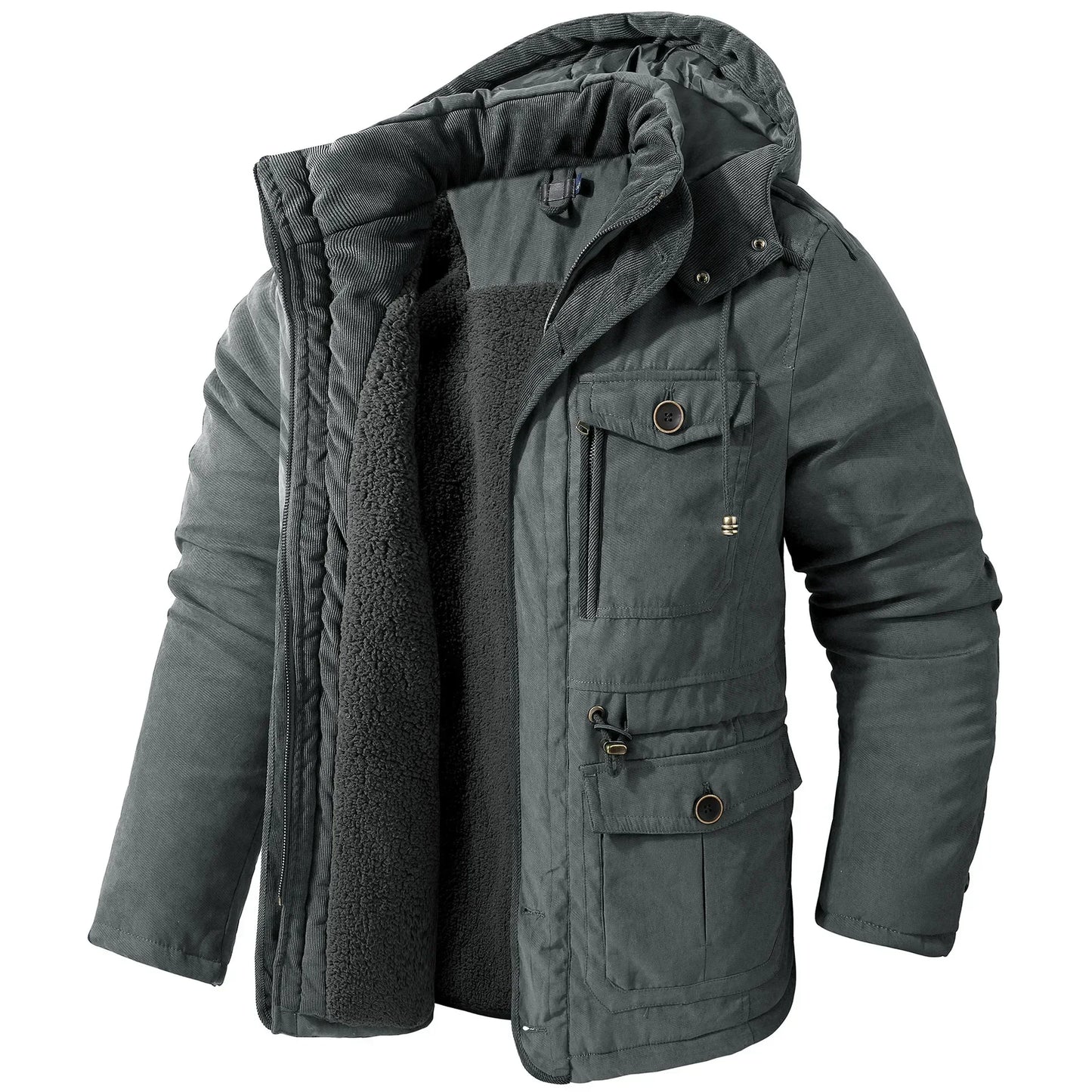 Men's Jacket WINTER USA SIZE Large SIZE Lamb Fleece JACKETS Hooded Cotton Thickened Multi Pocket Casual Mid length Coat
