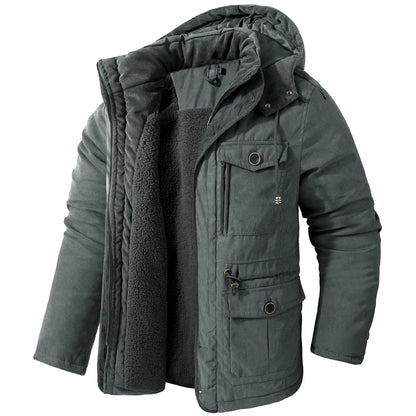 Men's Jacket WINTER USA SIZE Large SIZE Lamb Fleece JACKETS Hooded Cotton Thickened Multi Pocket Casual Mid length Coat